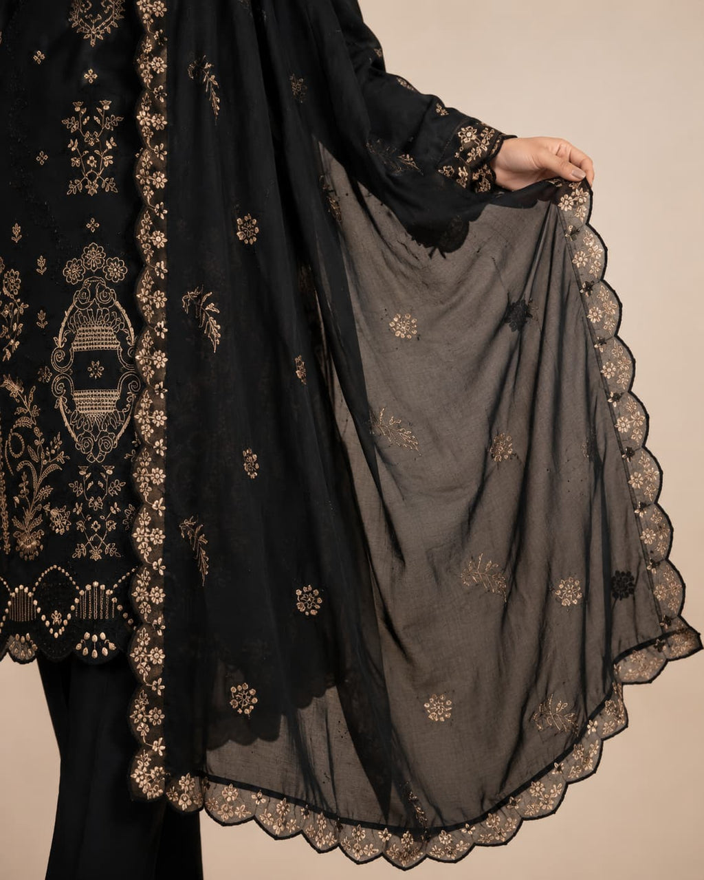 Black Embroidered 3 Piece Suit With Embroidered Chiffon Dupatta