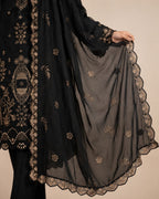 Black Embroidered 3 Piece Suit With Embroidered Chiffon Dupatta