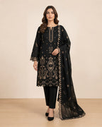 Black Embroidered 3 Piece Suit With Embroidered Chiffon Dupatta