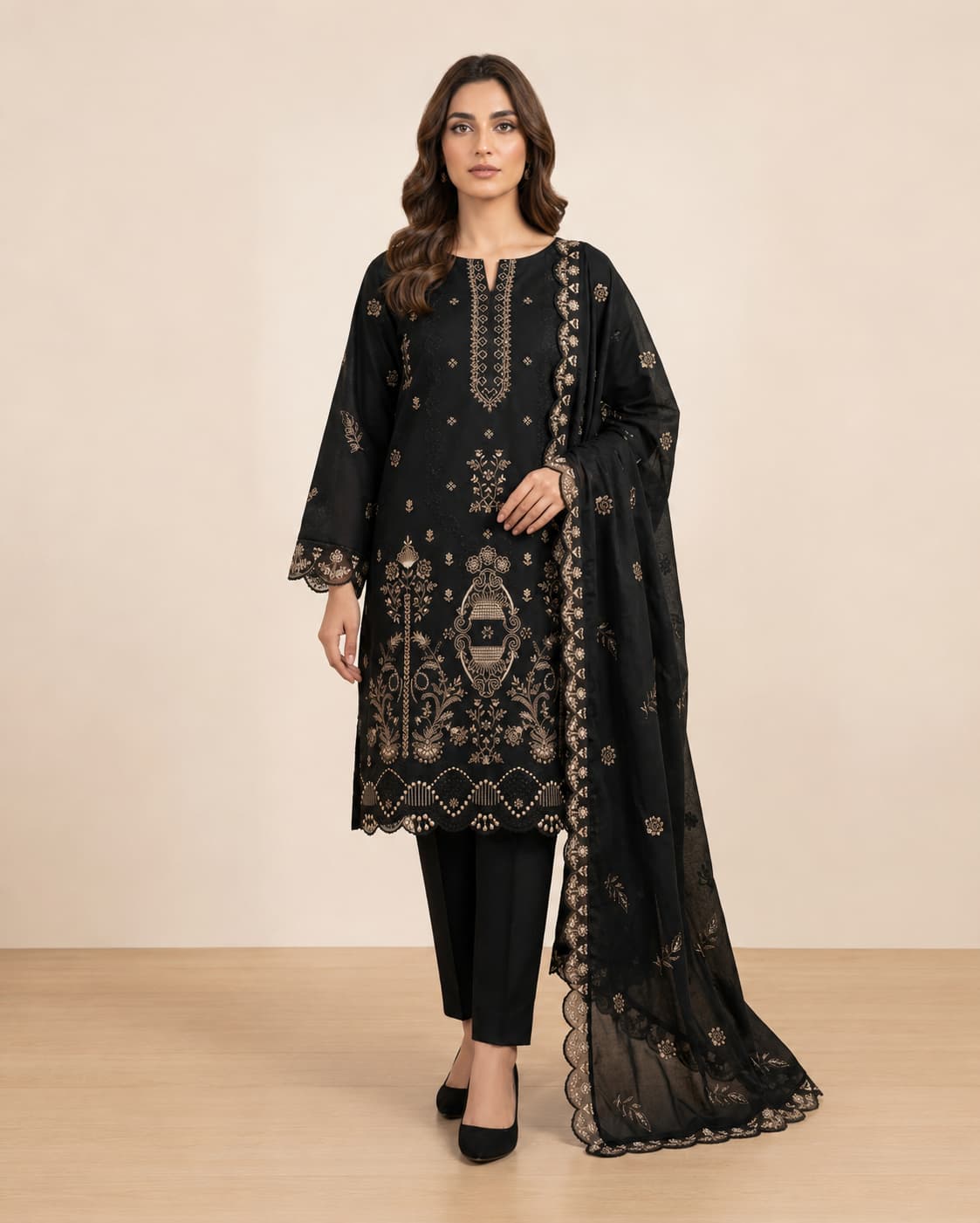 Black Embroidered 3 Piece Suit With Embroidered Chiffon Dupatta