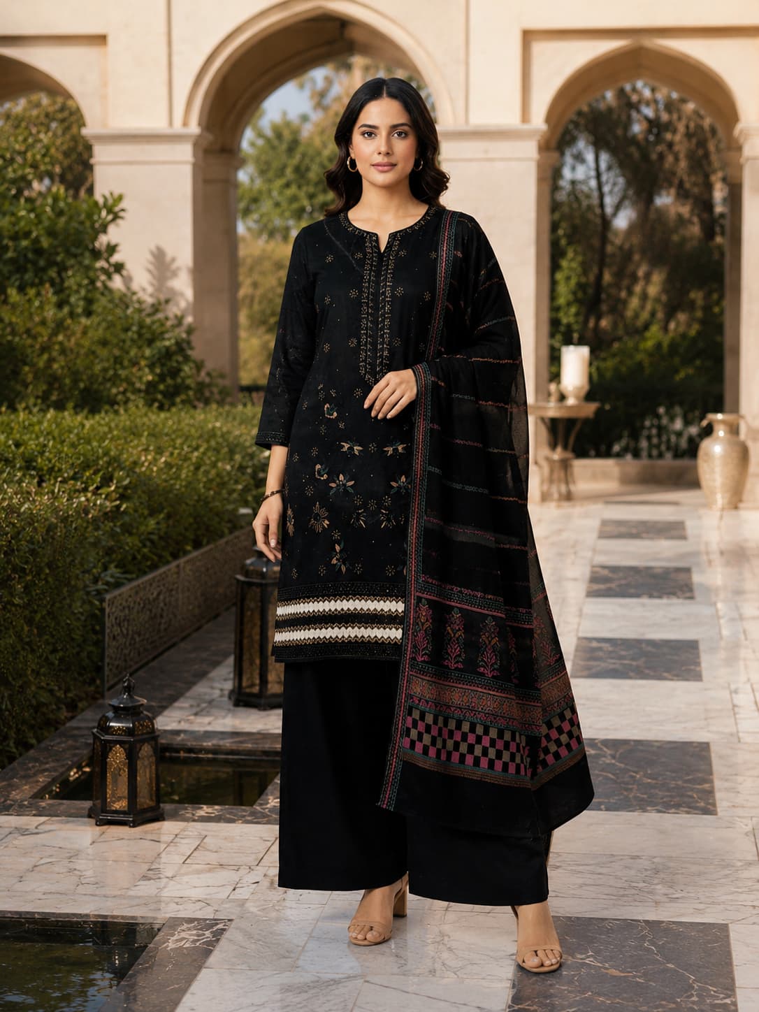Black Embroidered Lawn Suit With Jacquard Dupatta