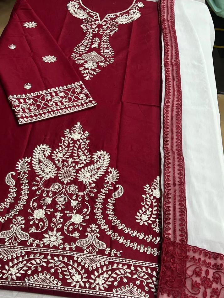 Heavy Embroidered Lawn 3PC | Jazmin Summer Collection | Maroon | 2026