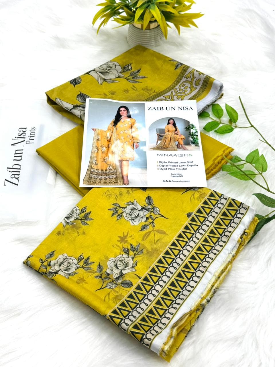 Zaib un Nisa Minaaish digital printed lawn 3-piece unstitched suit with printed dupatta and dyed plain trouser special edition 2026