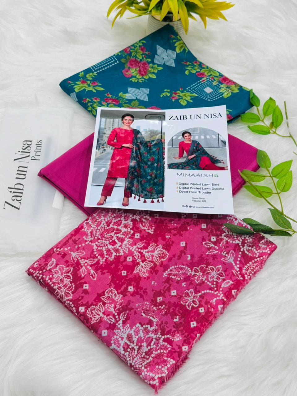 Zaib un Nisa Minaaish digital printed lawn 3-piece unstitched suit with printed dupatta and dyed plain trouser special edition 2026