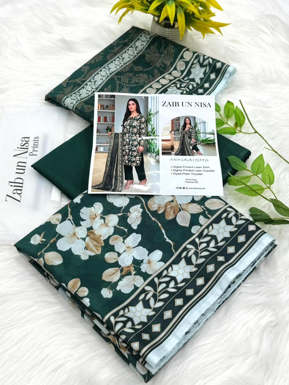 Zaib un Nisa Minaaish digital printed lawn 3-piece unstitched suit with printed dupatta and dyed plain trouser special edition 2026