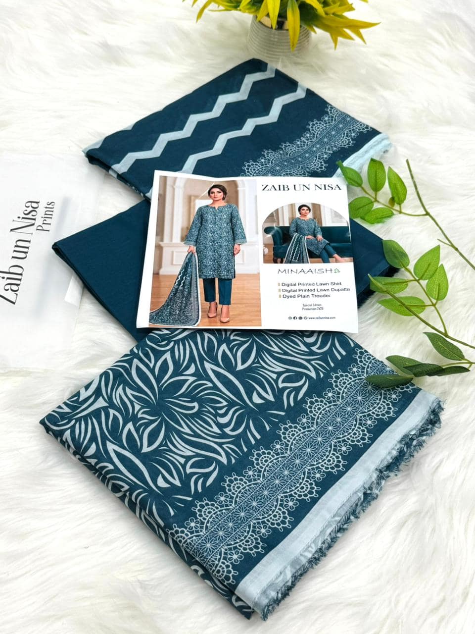 Zaib un Nisa Minaaish digital printed lawn 3-piece unstitched suit with printed dupatta and dyed plain trouser special edition 2026