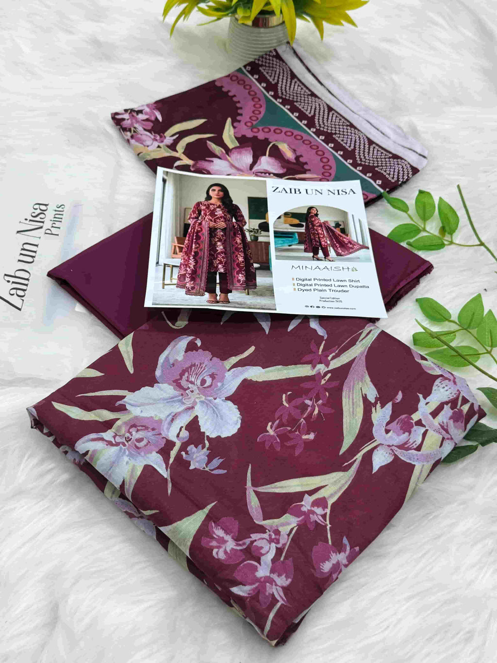 Zaib un Nisa Minaaish digital printed lawn 3-piece unstitched suit with printed dupatta and dyed plain trouser special edition 2026