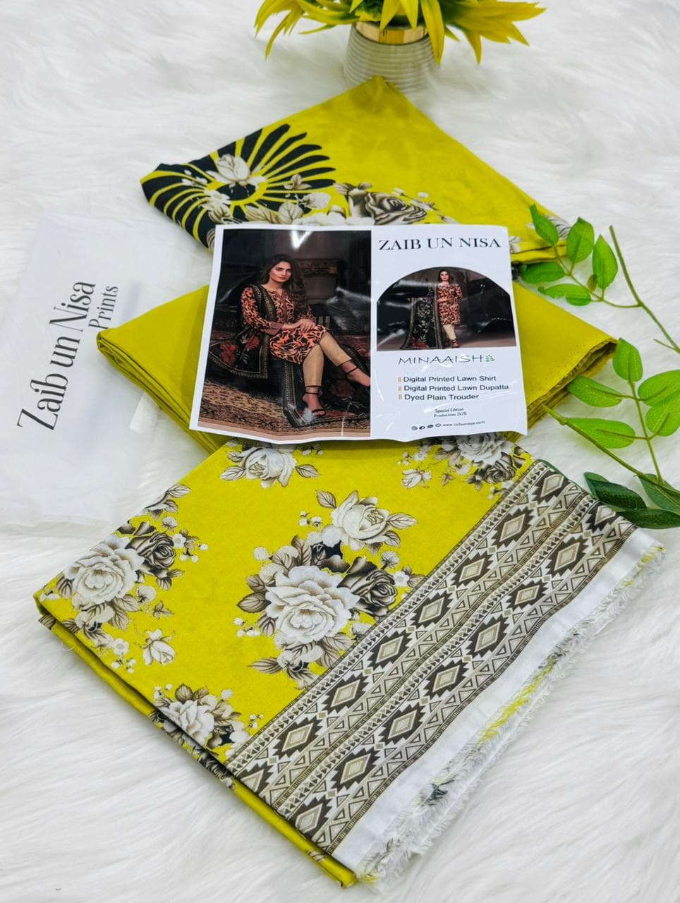 Zaib un Nisa Minaaish digital printed lawn 3-piece unstitched suit with printed dupatta and dyed plain trouser special edition 2026
