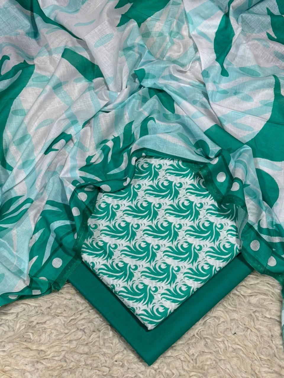Teal feather white digital printed lawn 3-piece unstitched suit with printed dupatta and dyed trouser summer collection 2026