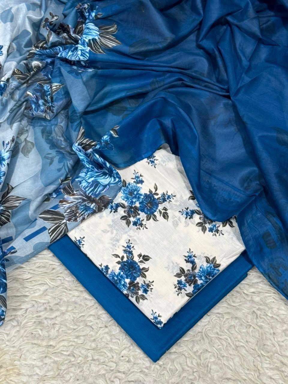 Blue floral white digital printed lawn 3-piece unstitched suit with printed dupatta and dyed trouser summer collection 2026