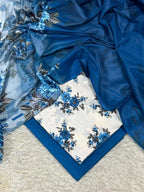 Blue floral white digital printed lawn 3-piece unstitched suit with printed dupatta and dyed trouser summer collection 2026