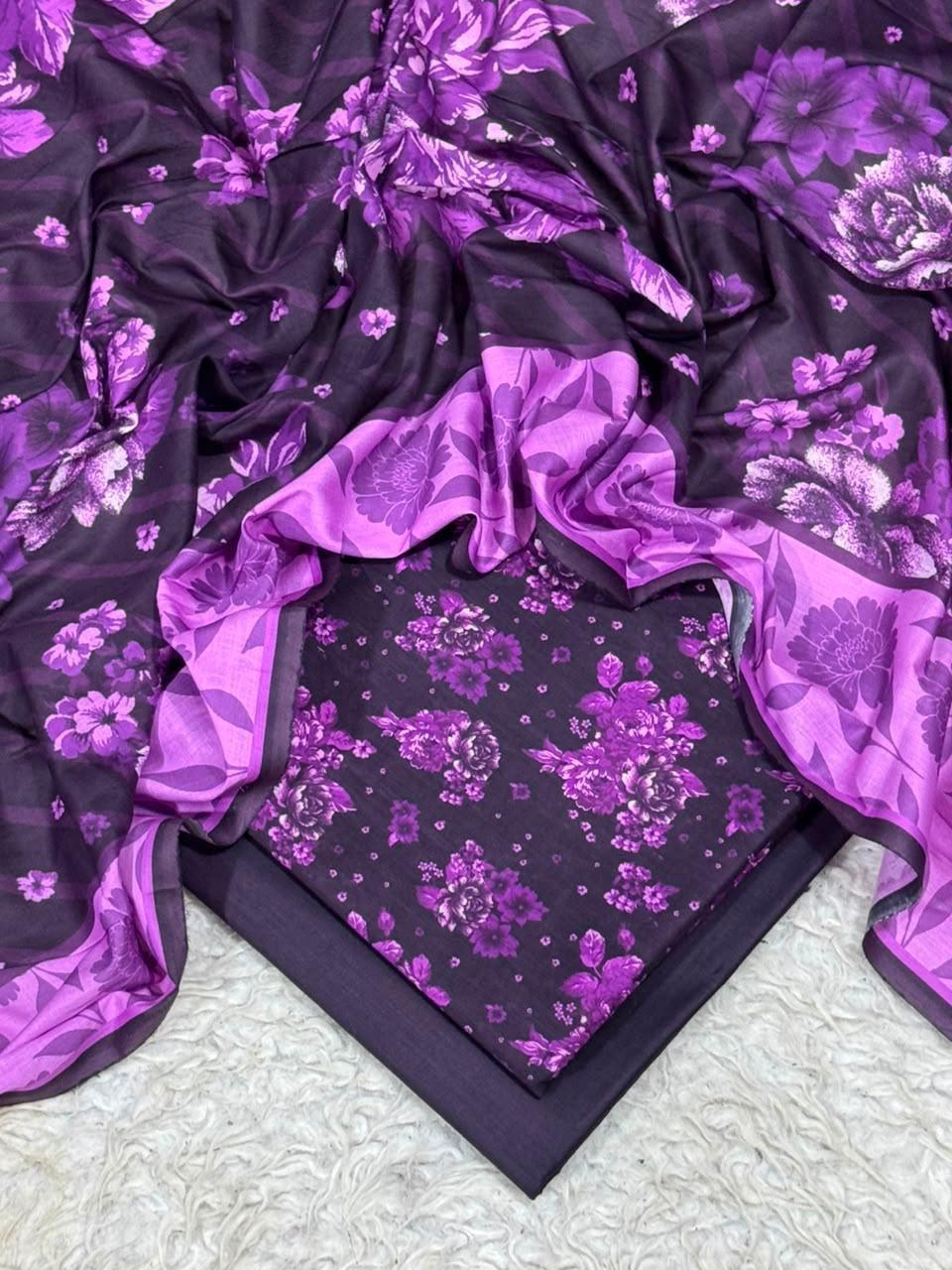 Purple floral dark digital printed lawn 3-piece unstitched suit with printed dupatta and dyed trouser summer collection 2026
