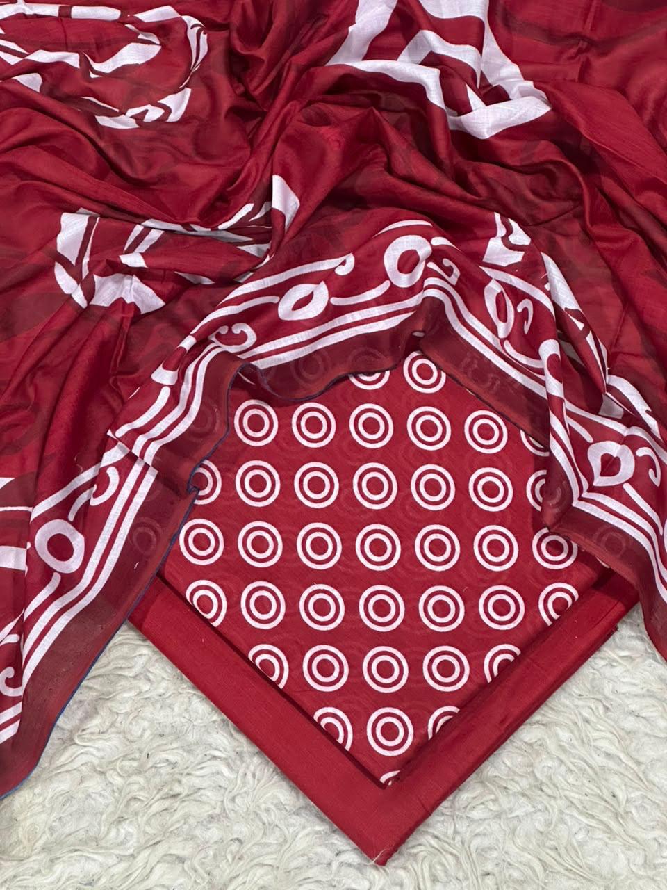 Red white circle digital printed lawn 3-piece unstitched suit with printed dupatta and dyed trouser summer collection 2026