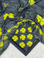 Charcoal yellow clover digital printed lawn 3-piece unstitched suit with printed dupatta and dyed trouser summer collection 2026