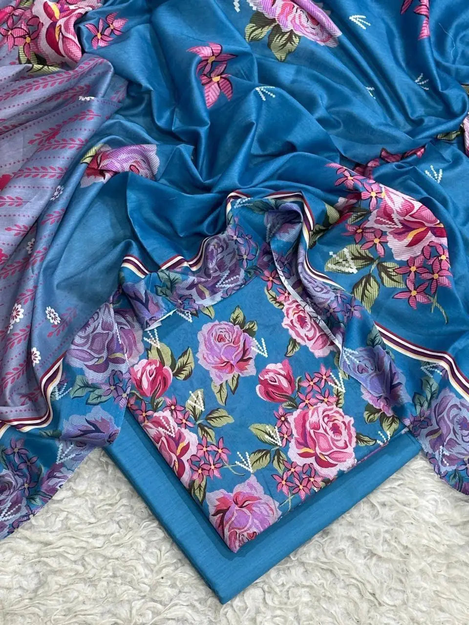 Teal rose floral digital printed lawn 3-piece unstitched suit with printed dupatta and dyed trouser summer collection 2026