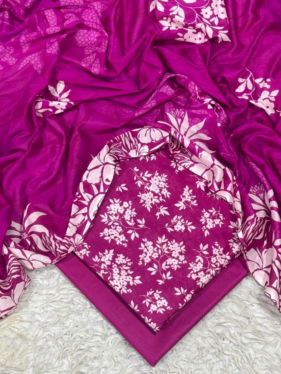 Magenta floral digital printed lawn 3-piece unstitched suit with printed dupatta and dyed trouser summer collection 2026