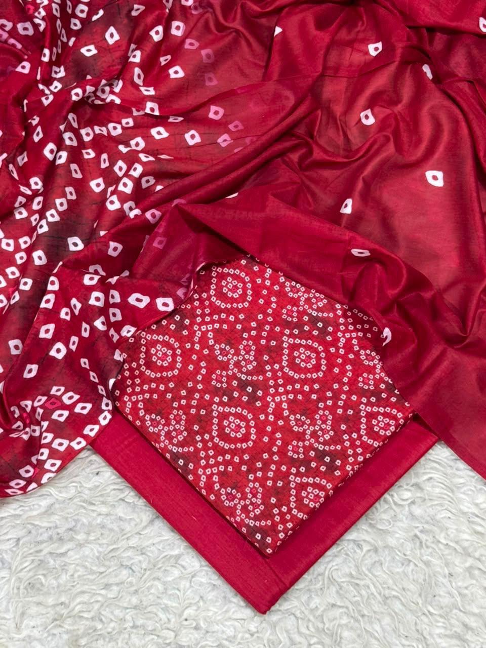 Red white bandhani digital printed lawn 3-piece unstitched suit with printed dupatta and dyed trouser summer collection 2026