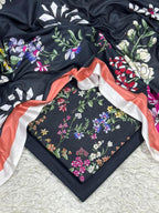 Black floral peach border digital printed lawn 3-piece unstitched suit with printed dupatta and dyed trouser summer collection 2026
