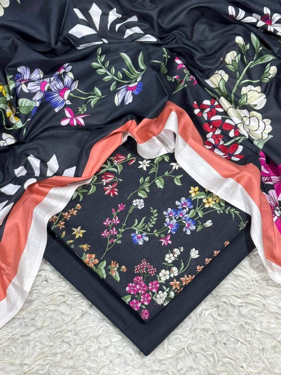 Black floral peach border digital printed lawn 3-piece unstitched suit with printed dupatta and dyed trouser summer collection 2026