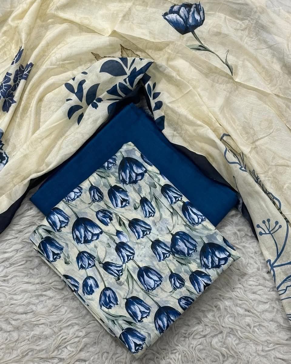 Ivory navy tulip digital printed lawn 3-piece unstitched suit with printed dupatta and dyed trouser summer collection 2026