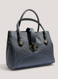 Navy blue midnight textured structured tote bag for women with dual top handles and detachable crossbody strap luxury style 2026