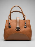 Tan brown camel textured structured tote bag for women with dual top handles and detachable crossbody strap luxury style 2026