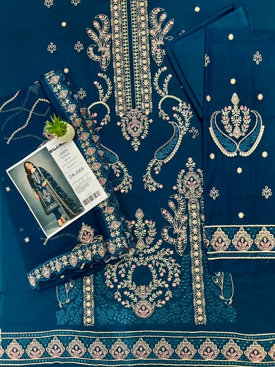 Navy Blue Embroidered Lawn Suit With Designer Embroidered Dupatta