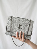 Grey white embossed flap chain shoulder bag for women luxury style 2 in 1 black gunmetal chain handbag 2026 Royal Nexus