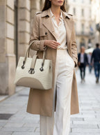 Cream textured structured tote bag for women with dual top handles and detachable crossbody strap luxury style 2026