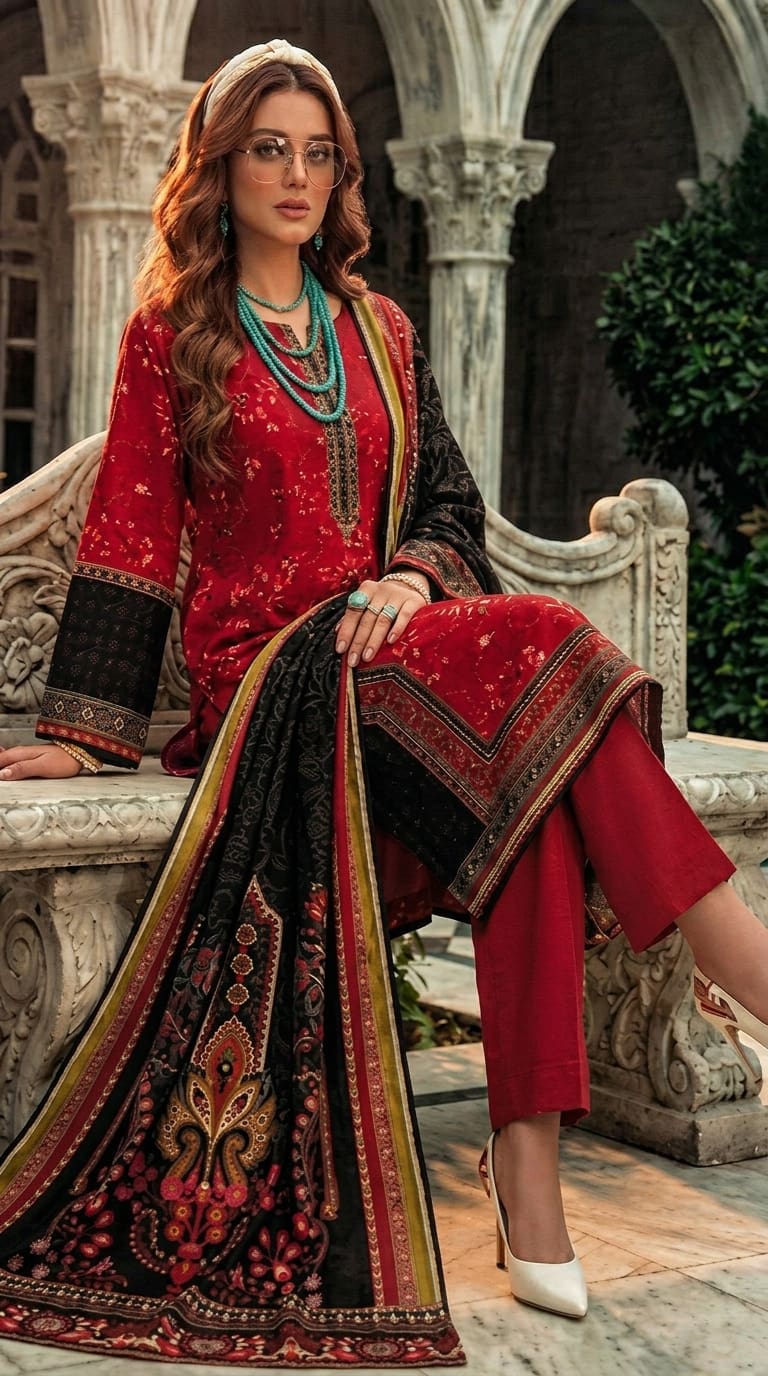 Lajawan premium printed lawn 3-piece unstitched suit with printed dupatta and dyed cambric trouser collection 2026 multiple colors Pakistan