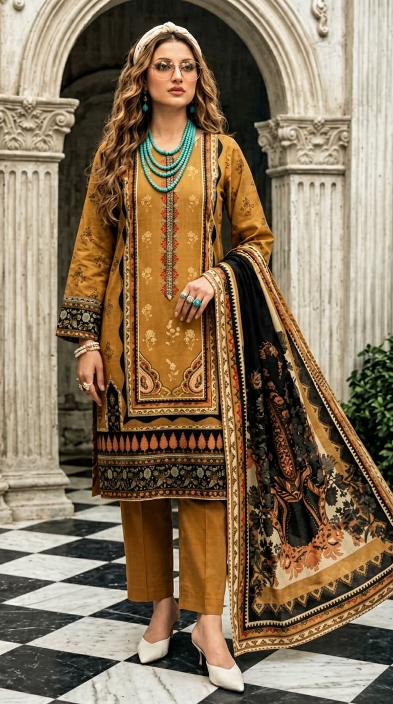 Lajawan premium printed lawn 3-piece unstitched suit with printed dupatta and dyed cambric trouser collection 2026 multiple colors Pakistan