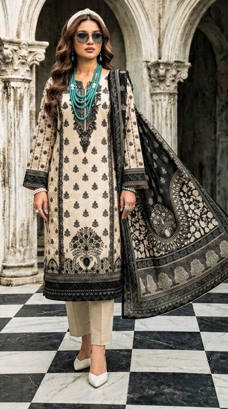 Lajawan premium printed lawn 3-piece unstitched suit with printed dupatta and dyed cambric trouser collection 2026 multiple colors Pakistan
