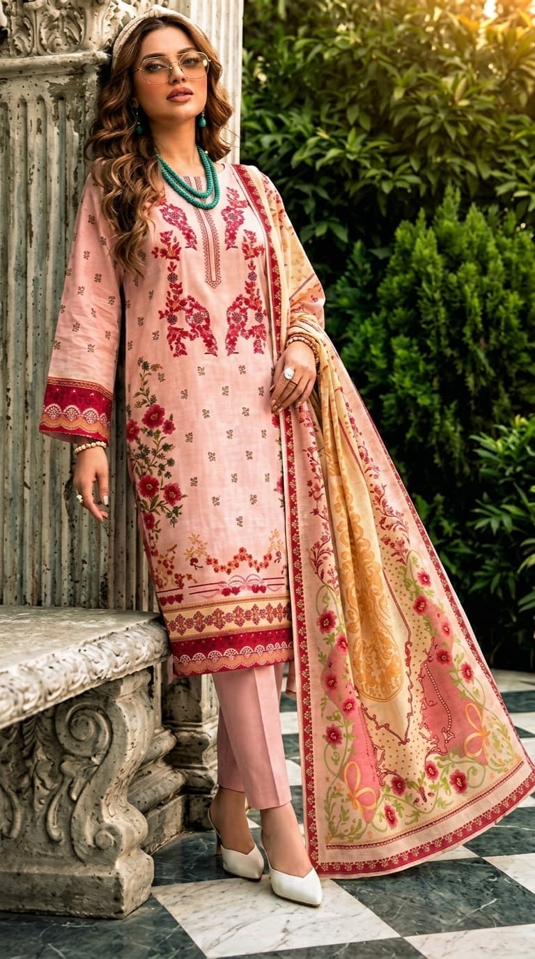 Lajawan premium printed lawn 3-piece unstitched suit with printed dupatta and dyed cambric trouser collection 2026 multiple colors Pakistan