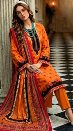 Lajawan premium printed lawn 3-piece unstitched suit with printed dupatta and dyed cambric trouser collection 2026 multiple colors Pakistan