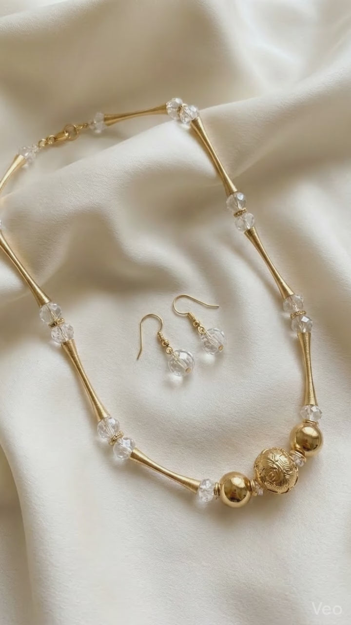 Elegant Gold-Tone Crystal Beaded Necklace Set for Women | Lightweight Party Jewelry