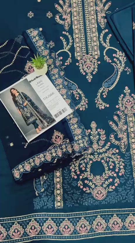 Navy Blue Embroidered Lawn Suit With Designer Embroidered Dupatta