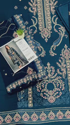 Navy Blue Embroidered Lawn Suit With Designer Embroidered Dupatta