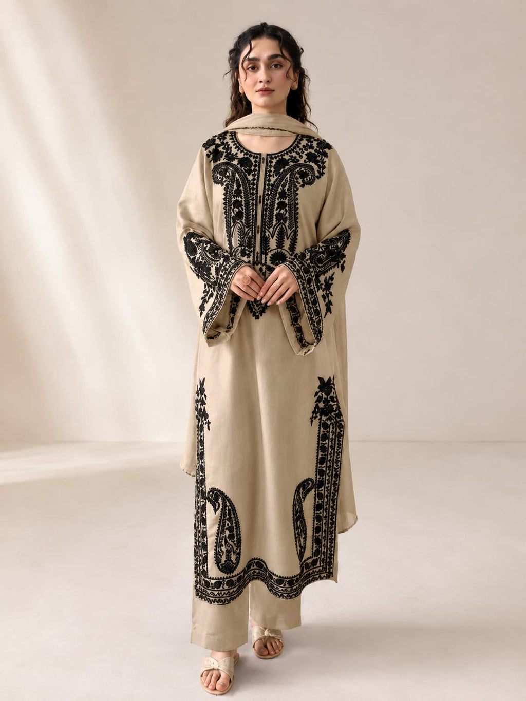 Beige Heavy Embroidered Lawn Suit With Embroidered Chiffon Dupatta