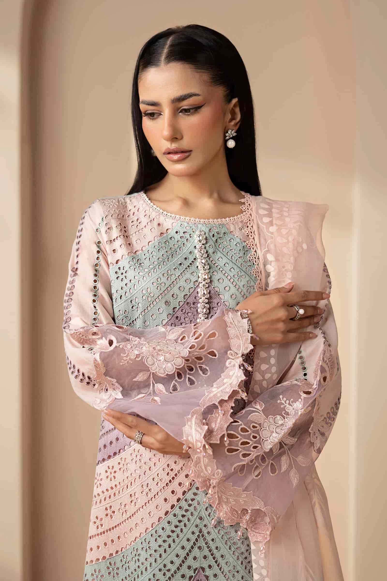 Pastel Embroidered Lawn Suit With Elegant Organza Dupatta