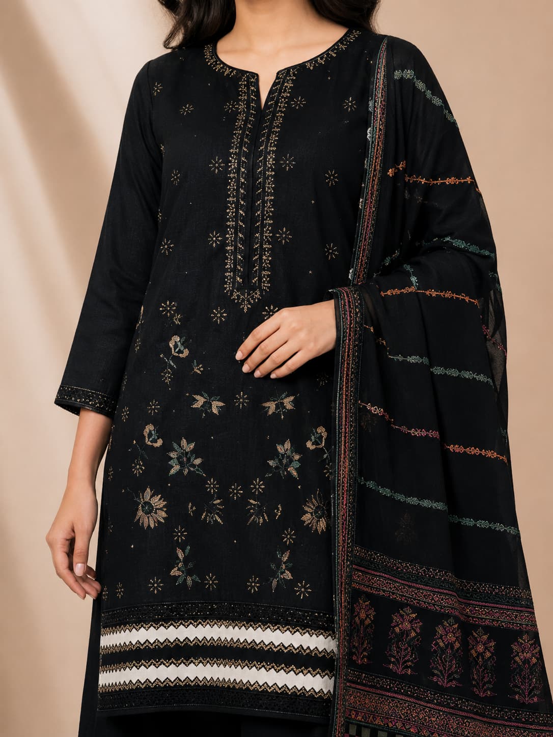 Black Embroidered Lawn Suit With Jacquard Dupatta