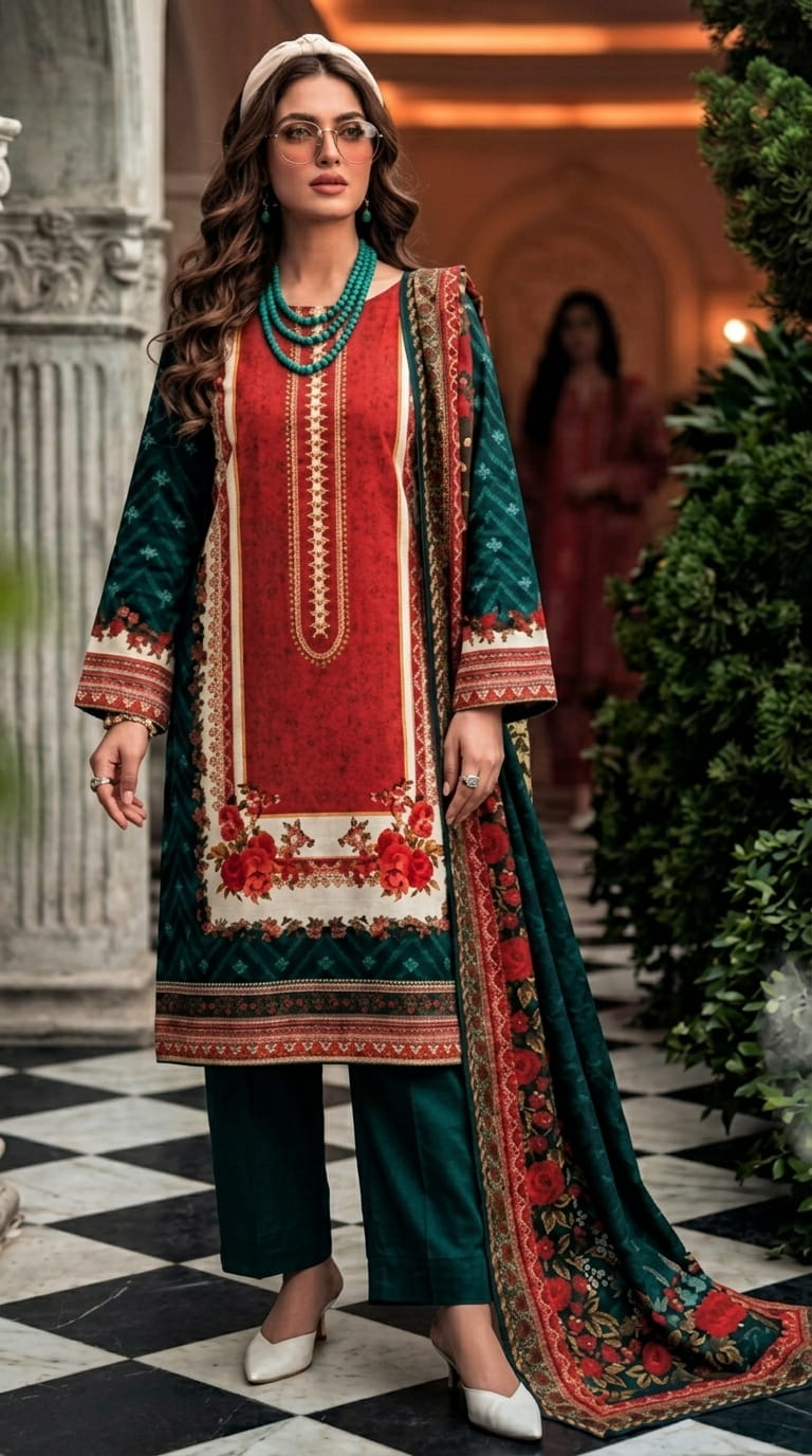 Lajawan premium printed lawn 3-piece unstitched suit with printed dupatta and dyed cambric trouser collection 2026 multiple colors Pakistan