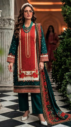 Lajawan premium printed lawn 3-piece unstitched suit with printed dupatta and dyed cambric trouser collection 2026 multiple colors Pakistan