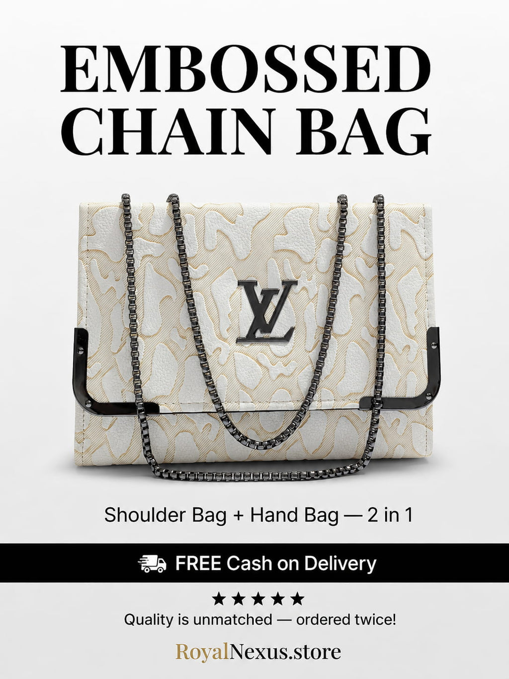 Ivory white embossed flap chain shoulder bag for women luxury style 2 in 1 gunmetal chain handbag 2026