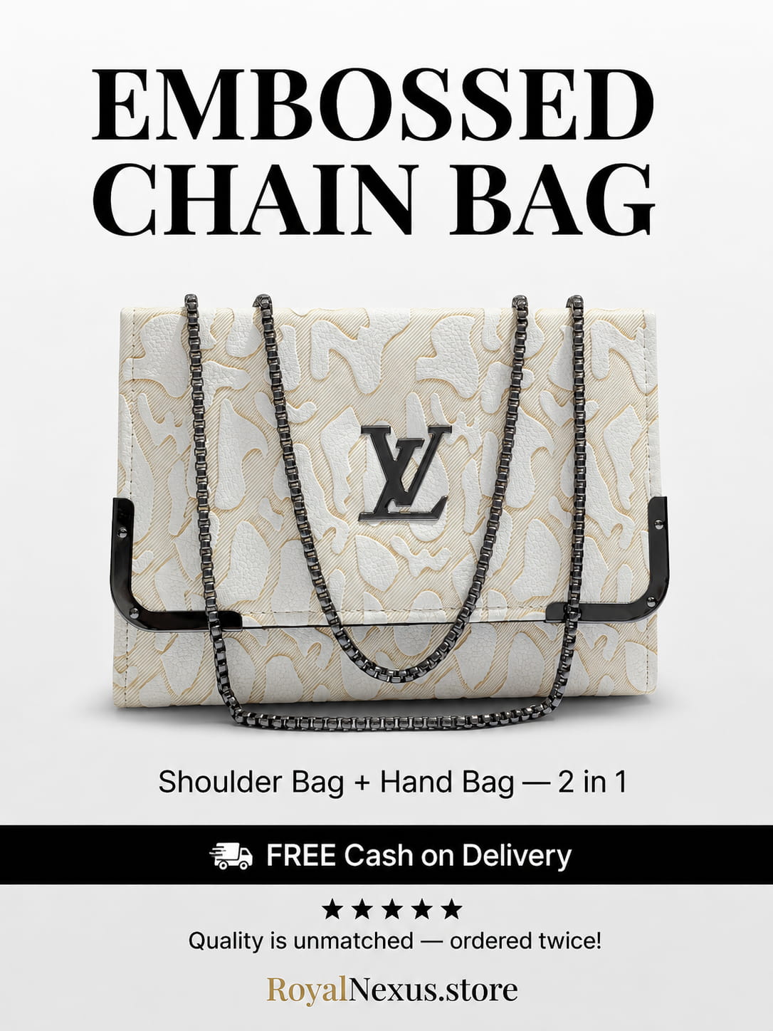 Ivory white embossed flap chain shoulder bag for women luxury style 2 in 1 gunmetal chain handbag 2026